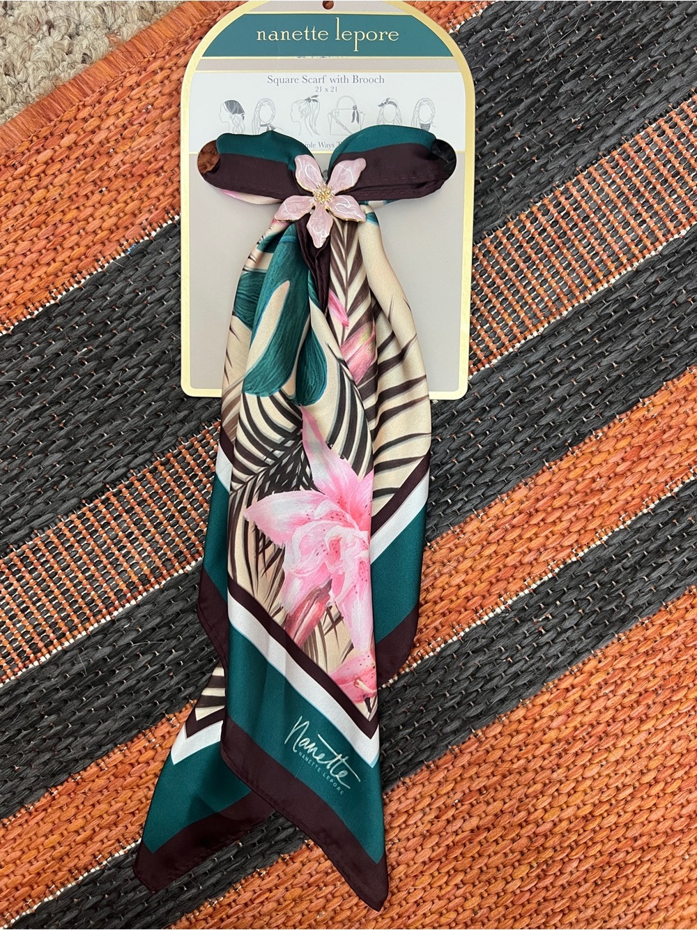 Nanette Lepore Teal and Pink Floral Square Scarf with Decorative Brooch